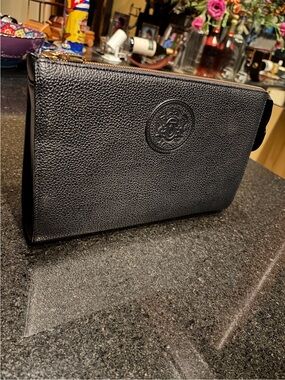 a. testoni Black Pebbled Leather Zip Pouch with Embossed Logo